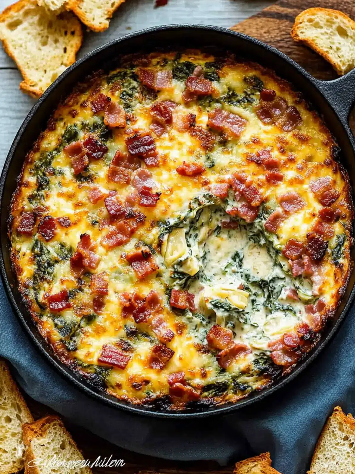 Warm, Cheesy, Crispy: Skillet Spinach Bacon Artichoke Dip Perfection